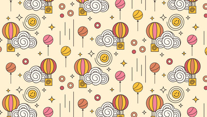 Whimsical hot air balloons and clouds seamless texture.