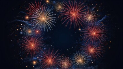 Vivid and colorful fireworks burst across a dark night sky in celebration, creating a joyous and lively atmosphere perfect for festive and holiday occasions.