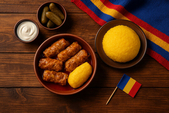 Romanian Sarmale and Mamaliga with Tricolor Scarf on Rustic Table


