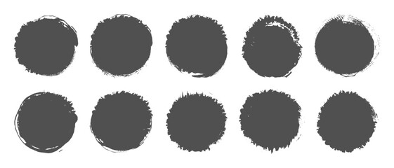 Set of round ink splatter frames, Vector grunge paint brushes in circle shape, Vector elements isolated on white.