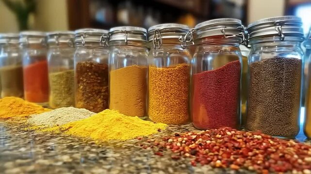 Colorful Spices in Glass Jars.