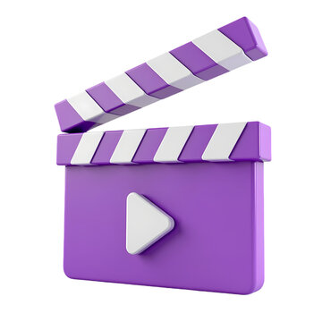 A purple clapperboard with white stripes and a play button in three d render isolated on transparent background