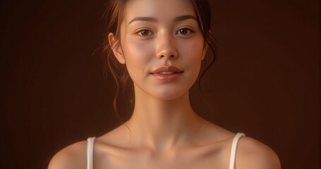Skincare stock photo attractive female in sleeveless top exudes healthy glow in studio with neutral brown backdrop commercial use