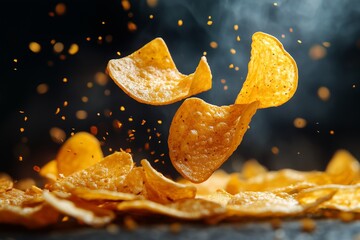 Golden crispy chips falling against dark background