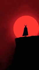 Fototapeta premium Mysterious Devilish Silhouette Standing on Cliff Under Blood Moon