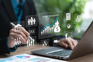 Budget management of the company concept, Businesswomen calculate company's income and expenses, Budget planning, Project control, Tax, Corporate finance and annual strategic plan, loan credit, Money