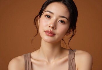 Natural beauty campaign visual glowing skin highlighted on woman in casual tanktop posing confidently against warm brown background