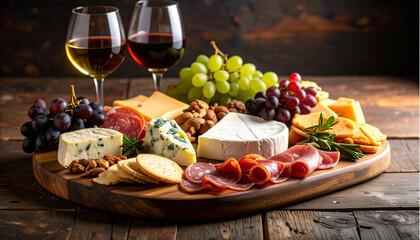 Elegant Charcuterie Board with Cheese, Cured Meats, and Wine