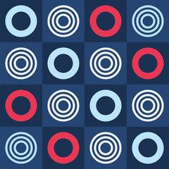 Abstract geometric seamless pattern. Simple red, white and blue color circles. Geometric shapes pattern. Square tiles with color circles. Flat style. Color vector seamless background.