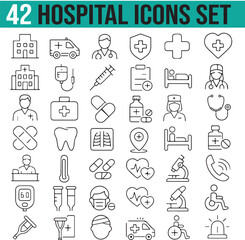 Hospital, Healthcare, Medicine, Doctor Icons Set With Editable Stroke. This Set Includes: Dentist, Hospitable Bed, Pills, Injection and more. Pixel Perfect