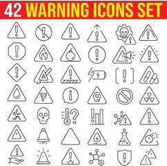 Warning, Danger, Triangle Vector icons Set, Editable Stroke, Danger Sign Icons, Error, Caution, Attention. Pixel Perfect