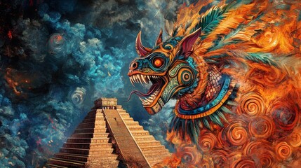 Obraz premium Mythical creature near a pyramid structure split between fire and ice elements.
