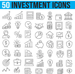Naklejka premium Investment Icons Set, Profit, Risk Management, Portfolio, Inflation, Dividend, Editable Stroke and Pixel Perfect line Vector Illustration.