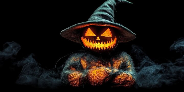 Spooky pumpkin dressed as a Halloween scarecrow creating a thrilling atmosphere for costumes.