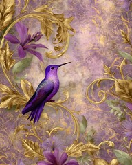 Digital paper in Rococo fantasy style, purple hummingbird resting on elegant scrollwork with ornamental golden leaves, subtle background with vintage floral overlays, romantic and feminine tone, 