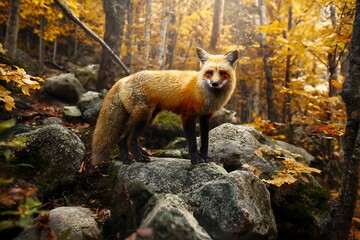 Fox in autumn woodland landscape portrait