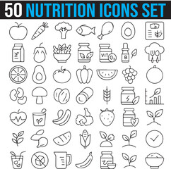 Diet and Nutrition Icons Set With Editable Line Stroke. This Set Contains: Apple, Fish, Carrot, Grapes, Vegetable, Corn, and more. Pixel Perfect.
