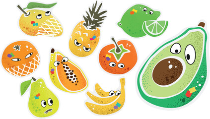 Juicy Fruits Characters Sticker Design Set Isolated On Transparent Background