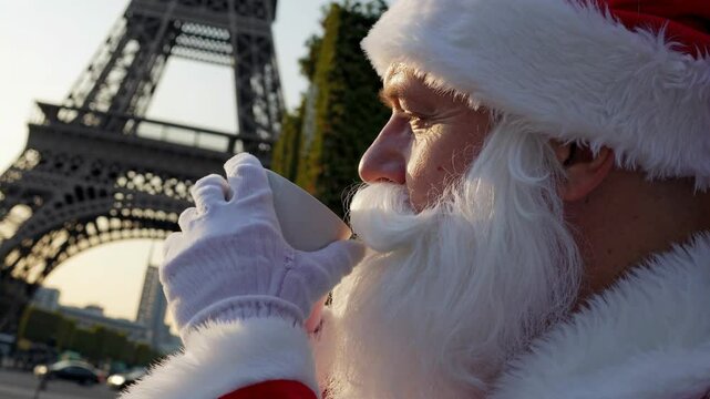 Santa claus enjoying a hot beverage in paris near the eiffel tower