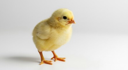 Obraz premium Iconic Yellow Baby Chick: Adorable Portrait of a Newborn Fledgling. This charming close-up captures a classic, fluffy yellow baby chicken standing alertly on a clean white studio background.