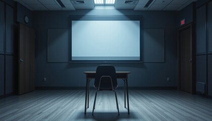 Single chair facing blank presentation screen in dimly lit conference room, creating quiet, empty, and professional atmosphere perfect for meetings or presentations