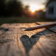 A pencil casts a heart-shaped shadow on weathered wood at sunset