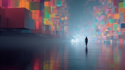 Silhouette Walking Towards Bright Light in a Colorful Cubic Digital Art Abstract Futuristic Landscape Surreal Scene Modern Design Artistic Background Vibrant Colors Reflective     