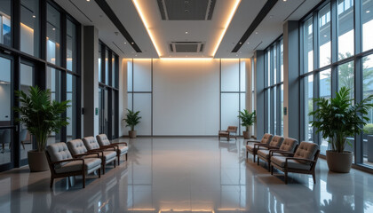 Modern office lobby with large glass windows and seating area, illuminated by warm ceiling lights, featuring potted plants and spacious, clean design, creating welcoming atmosphere