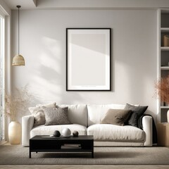 Modern minimalist living room featuring a light beige sofa, neutral tones, and a framed art piece