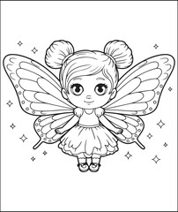 Naklejka premium Cute Fairy Girl with Butterfly Wings Coloring Page for Kids