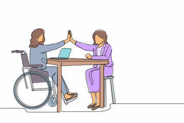Single one line drawing disabled businesswoman giving high five to her partner in office. Office worker sitting in wheelchair joy. Colleague celebrating success. Continuous line design graphic vector