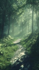Fototapeta premium Path Through Verdant Woodland with Filtered Sunlight and Ethereal Atmosphere
