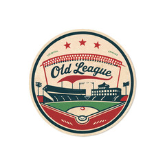Design a classic round embroidered patch featuring a detailed line sketch of a vintage baseball stadium.  Include stitching detail.