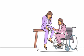 Single one line drawing businesswoman sitting on wheelchair presenting business graph on paper to manager. Diverse corporate colleagues in modern office. Continuous line draw design graphic vector