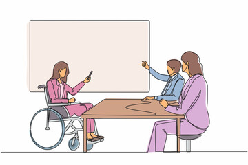 Single continuous line drawing disabled lady giving presentation to colleagues. Businesswoman listening to injured executive in wheelchair presenting business strategy. One line draw design vector