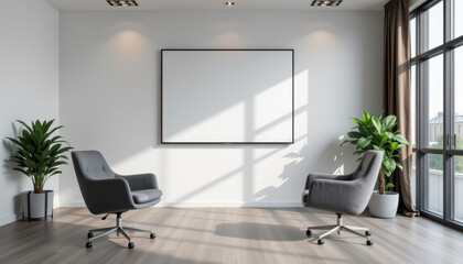 Modern, minimalistic office or meeting room with two gray chairs facing each other, large windows with curtains, potted plants, and blank whiteboard on wall, illuminated by natural sunlight