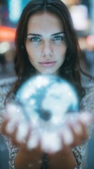 Naklejka premium Young Woman Holding Holographic Globe with Urban Background Glow