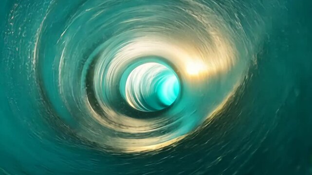 A mesmerizing swirling ocean wave, sunlit from within, creates a captivating vortex effect