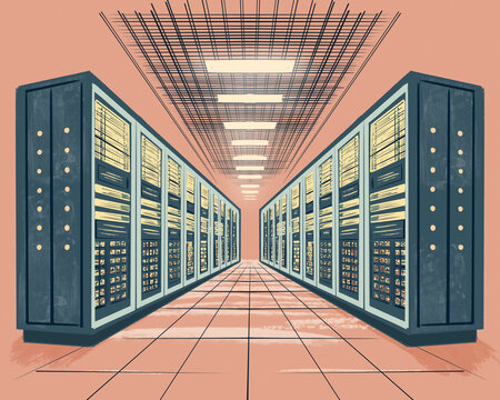 Illustration of a server room in a data center with symmetrical rows of servers