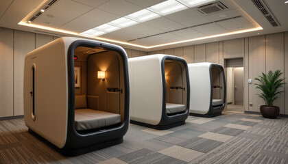 Modern, quiet lounge area features three futuristic, pod like seating units with enclosed, cozy interiors, soft lighting, and neutral color palette, creating comfortable and private space