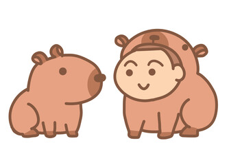 A boy in a capybara costume with one capybara