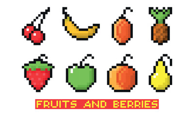 Set of pixelated fruits and berries vector illustration isolated on white background.