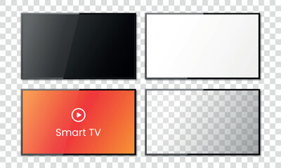 Set of front view realistic smart tv's with blank and transparent screens. Vector illustration isolated on checkered background.