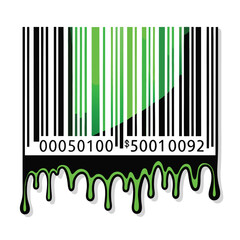 Generate a surreal image of a corrupted barcode, its digits melting and dripping, with a vibrant neon green glow emanating from the distortion.