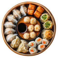 Assorted Dim Sum Platter with Dumplings, Tofu, and Sauce