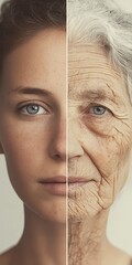 Aging Process Illustrated A Split Face Showing Youthful Vibrance Against Mature Wisdom and Texture