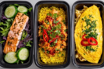 Three meal prep containers showcasing diverse dishes