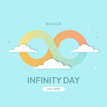 Happy World Infinity Day July 08th banner. With infinity icon and cloud on the blue sky background