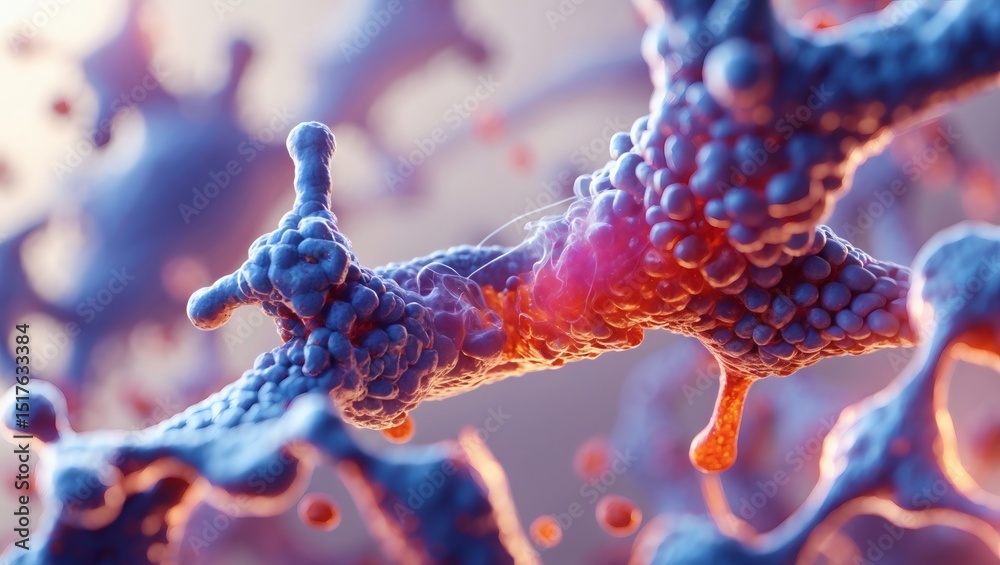 Poster intriguing microscopic view of biological cells, with an intricate structure and vibrant colors. rev