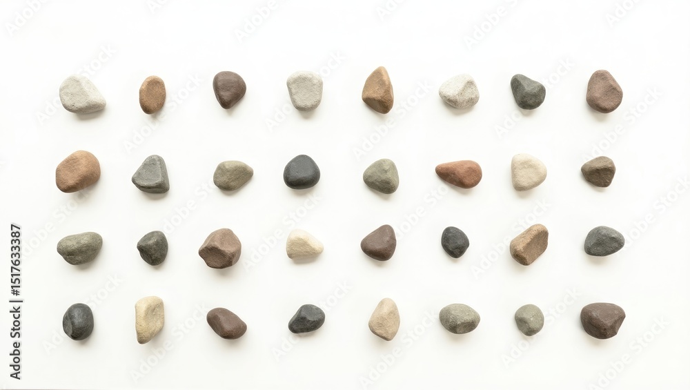 Poster an array of smooth, rounded stones meticulously arranged, each bearing unique textures and colors. t